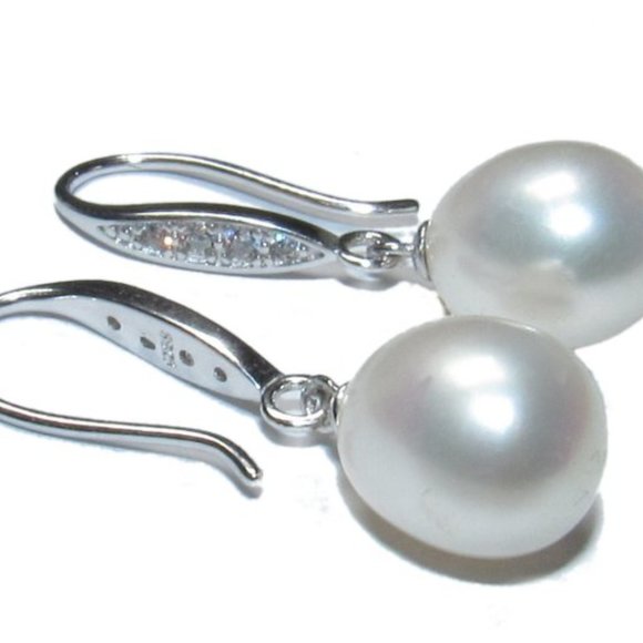 CZ Pearl Earrings on Sterling Silver Hooks new 10mm pendant drops with bling - Picture 2 of 2